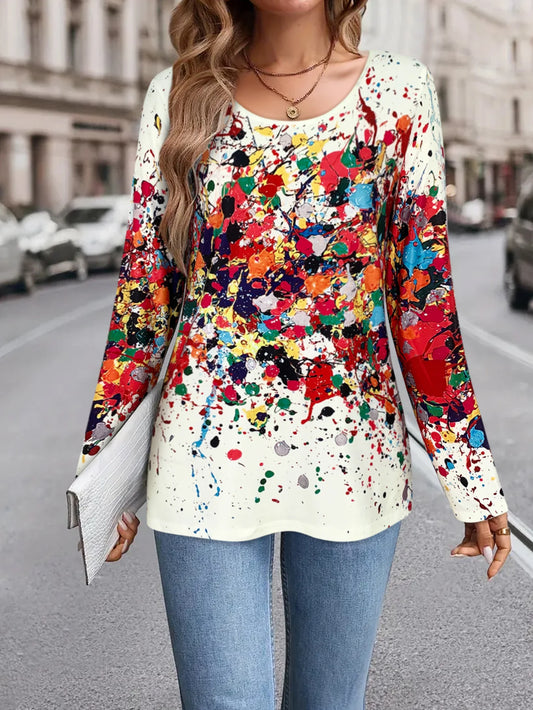 Women's Splatter Print Long - Sleeve T - Shirt, Round Neck, Multicolor Design, Great for Everyday & Fashion - forward Looks