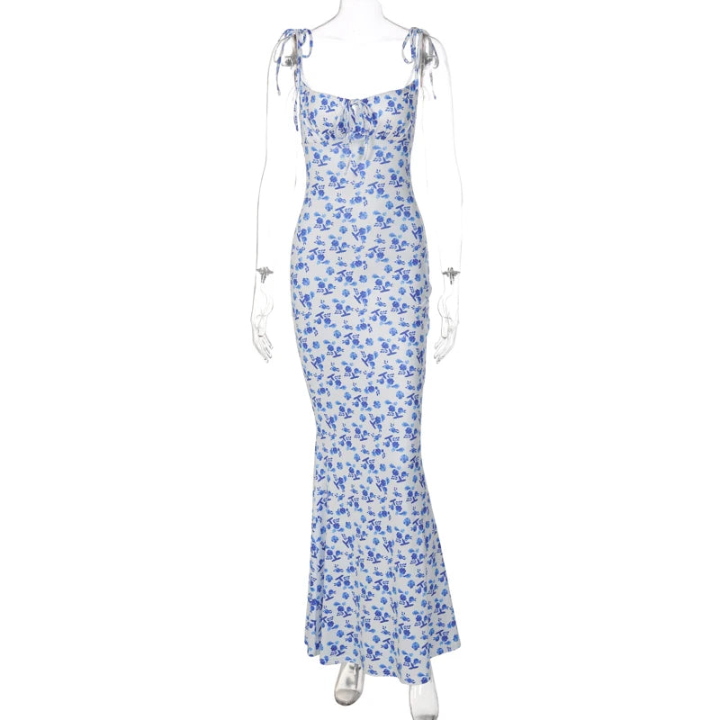 Sleeveless Floral Print Lace Up Backless Maxi Dress for Women