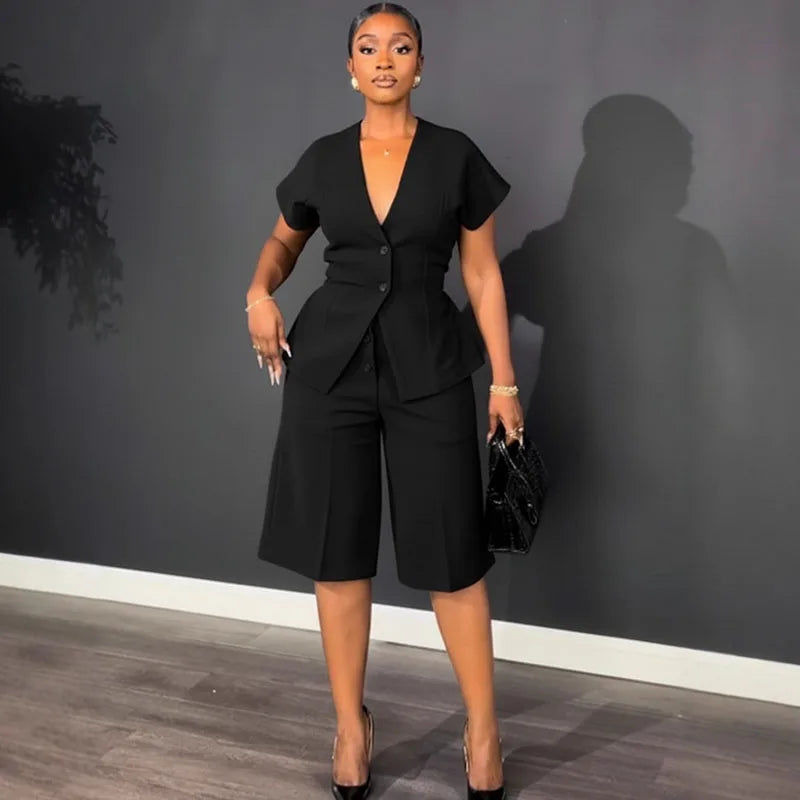 Elegant Workwear Two Piece Set with V Neck Top and Knee Length Shorts for Women