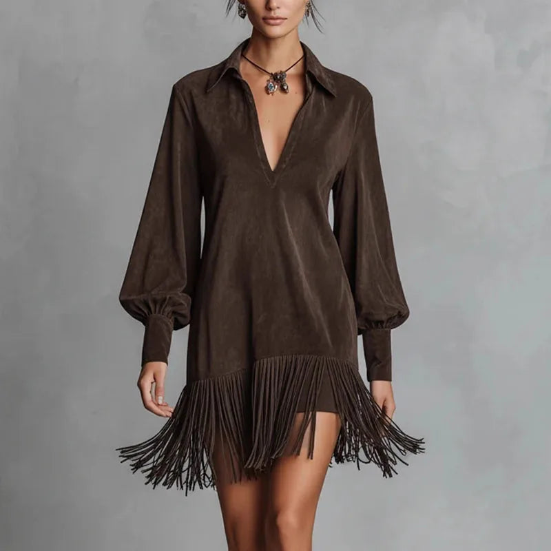 Spring Retro Solid Imitation Suede Tassel Dress Woman Sexy Lapel Hollow A-Line Mini Dress Autumn Long Sleeve Elegant Party Dress