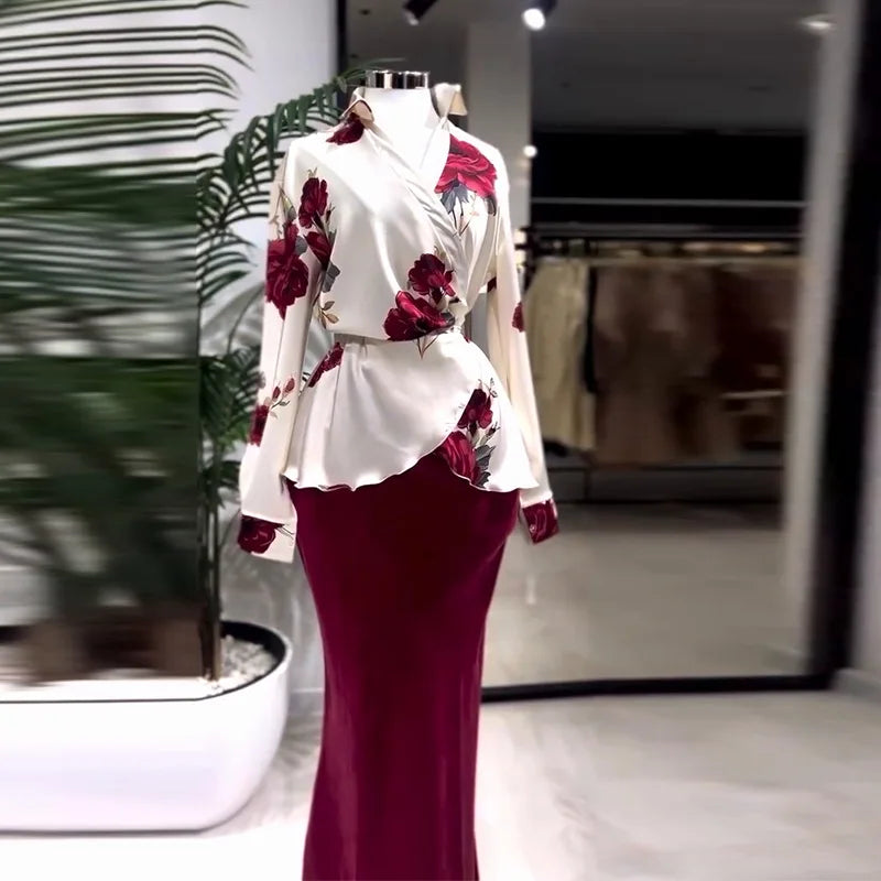 Two Piece Sets Women Skirt Set Turn Down Collar Print Floral Matching Sets Slim Fit Tight Waist Tops Long Skirts Y2k Streetwear