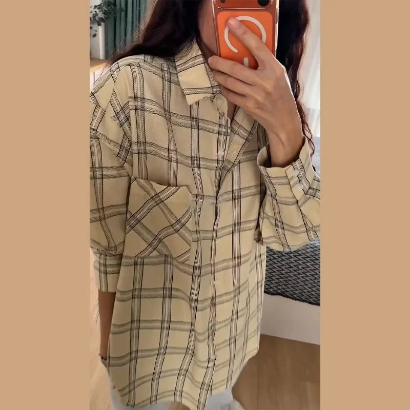 Plaid Loose Long Sleeve Button-Front Shirt for Women