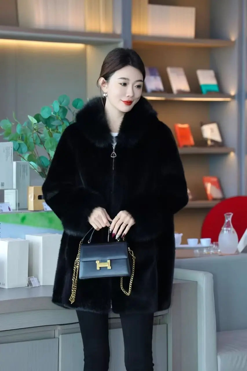 Faux Mink Fur Coat for Women,Zippers Jacket,Female Clothes,Fur Collar,Thick Warm,Autumn and Winter,2025
