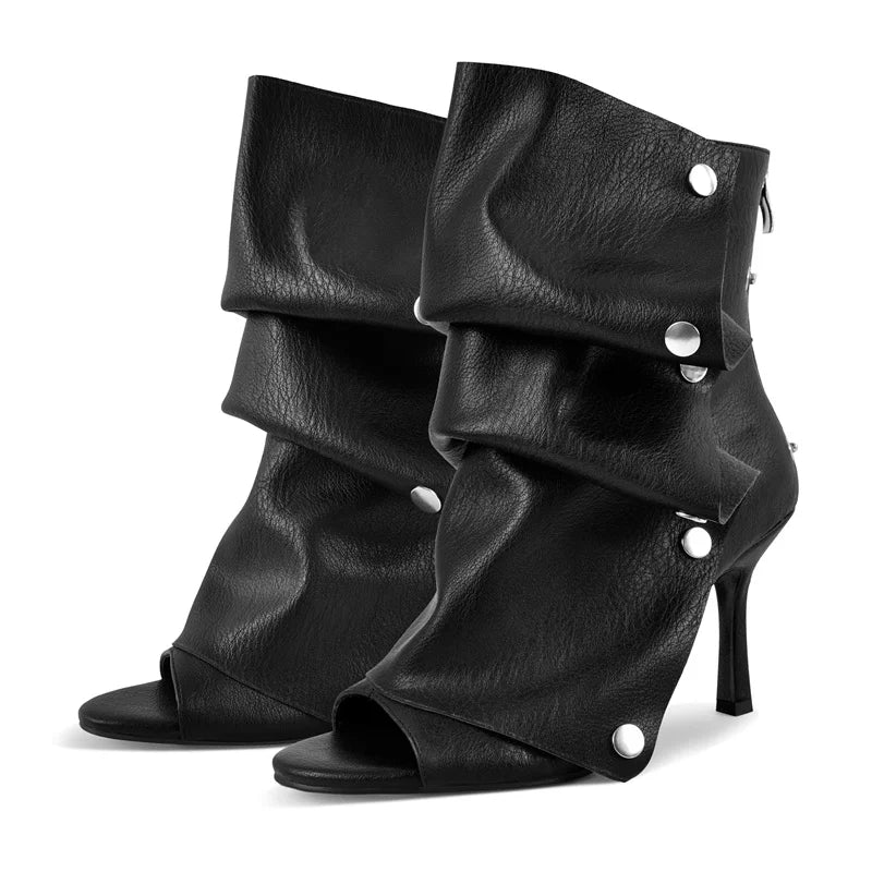 Pleated Plaid Ruched Peep Toe Ankle Boots for Women