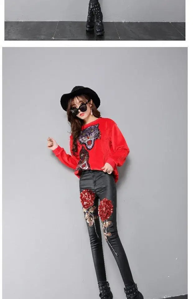 2025 Spring and Autumn Women's Leather Pants New Rose Sparkle Slim Fit Small Leg Pants Women's Bottom and Outer Wear