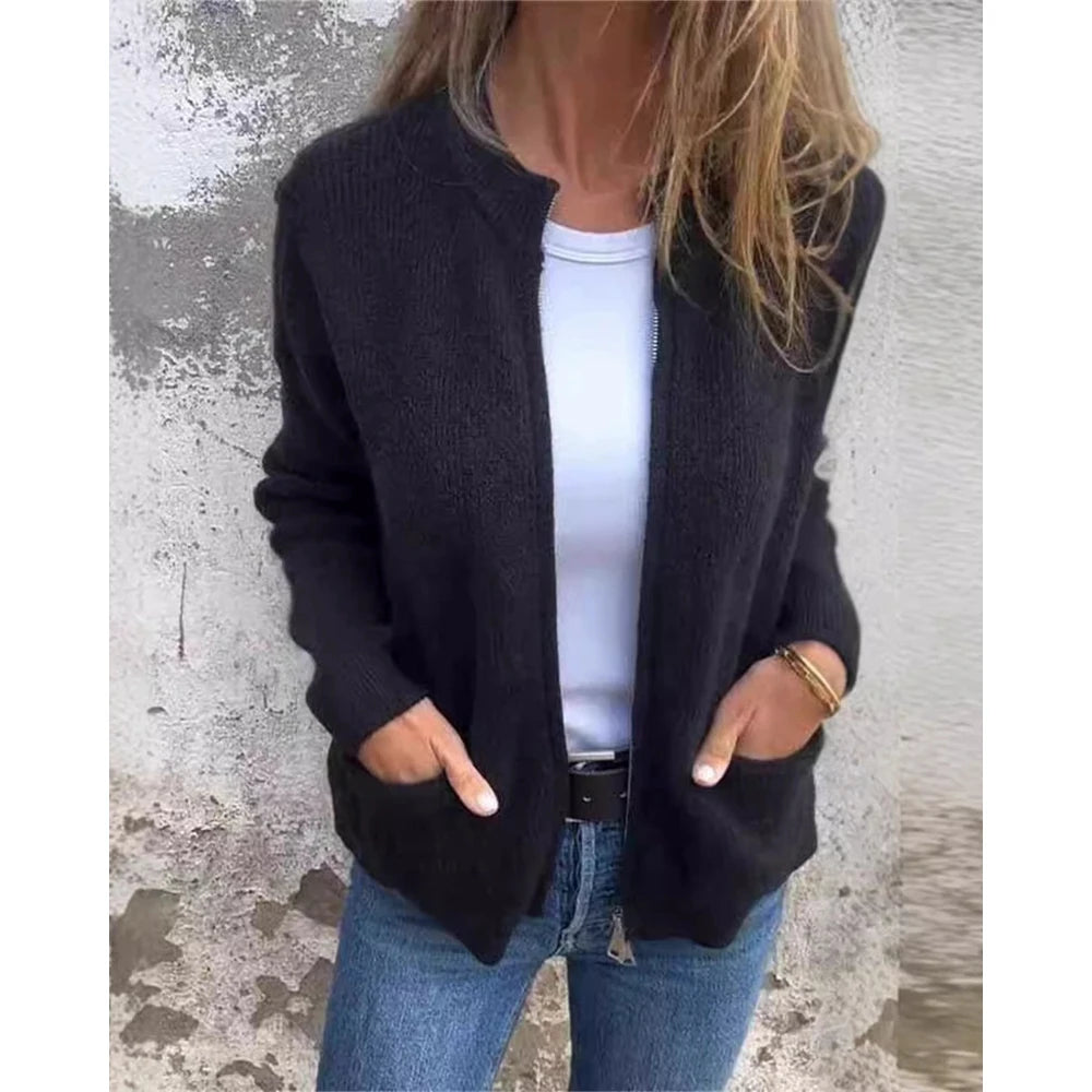 Women's Round Neck Zipper Design Long Sleeve Sweater Top Ladies Casual Fashion Cardigan Autumn