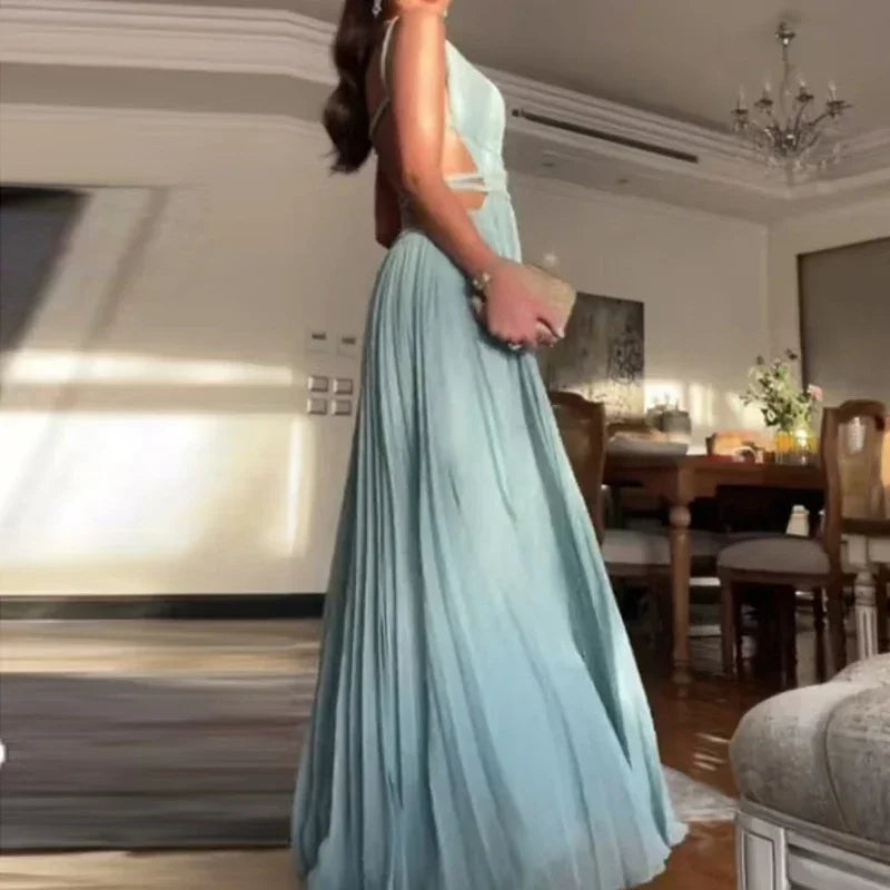 O-Neck High Waist Pleated Long Sleeveless Dress for Women