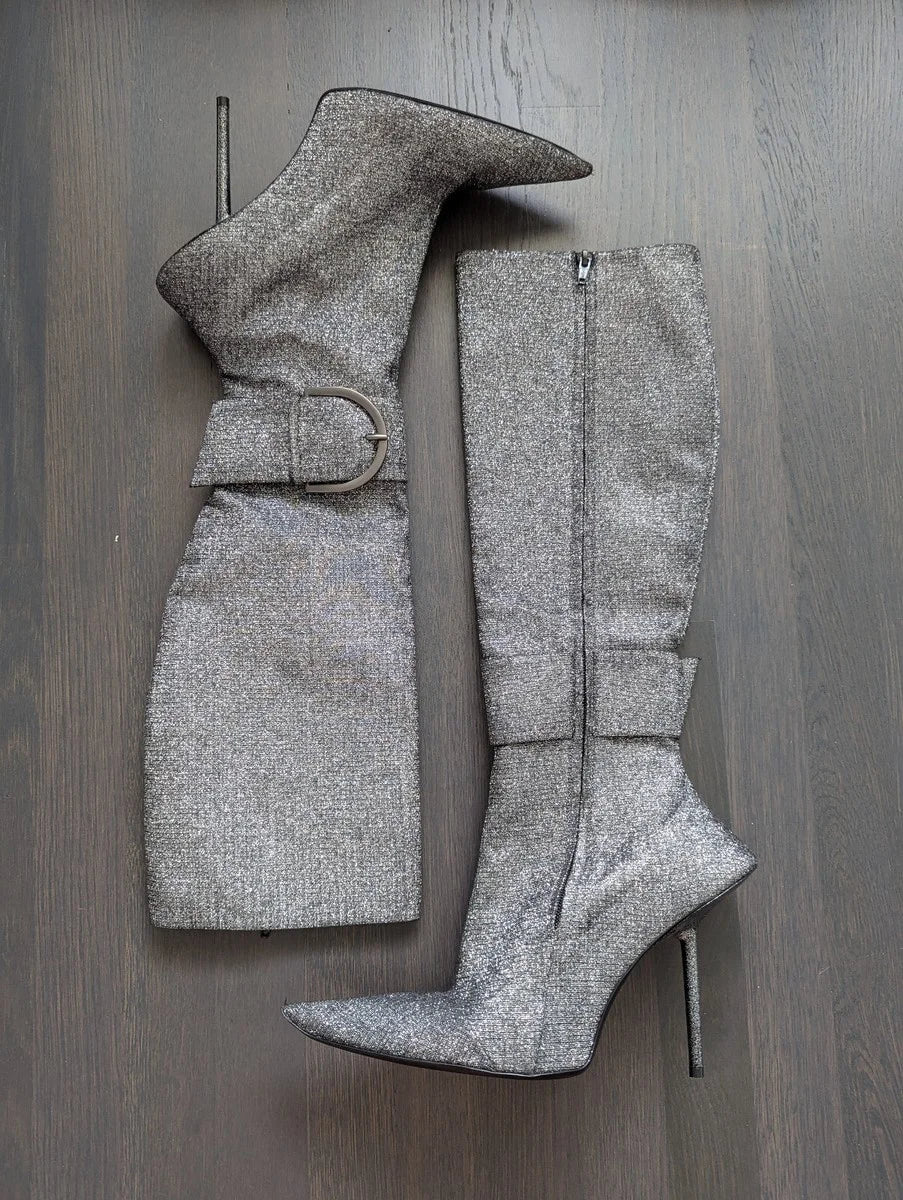 Elegant Grey Pointed Toe Stiletto Knee High Boots Metal Buckle for Women