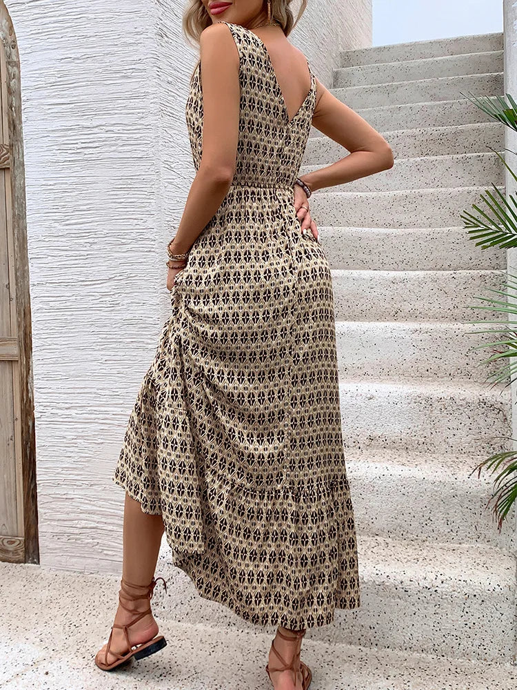 Printed Spaghetti Strap V-Neck Dress With Waist Tie for Women