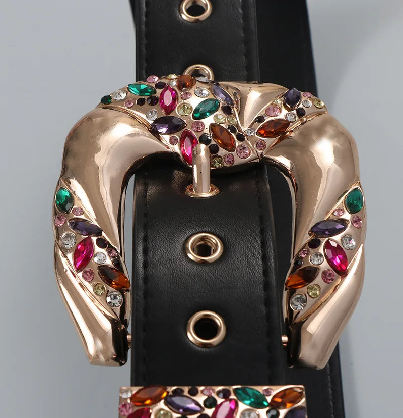 Elegant Rhinestone Wide Faux Leather Belt for Women