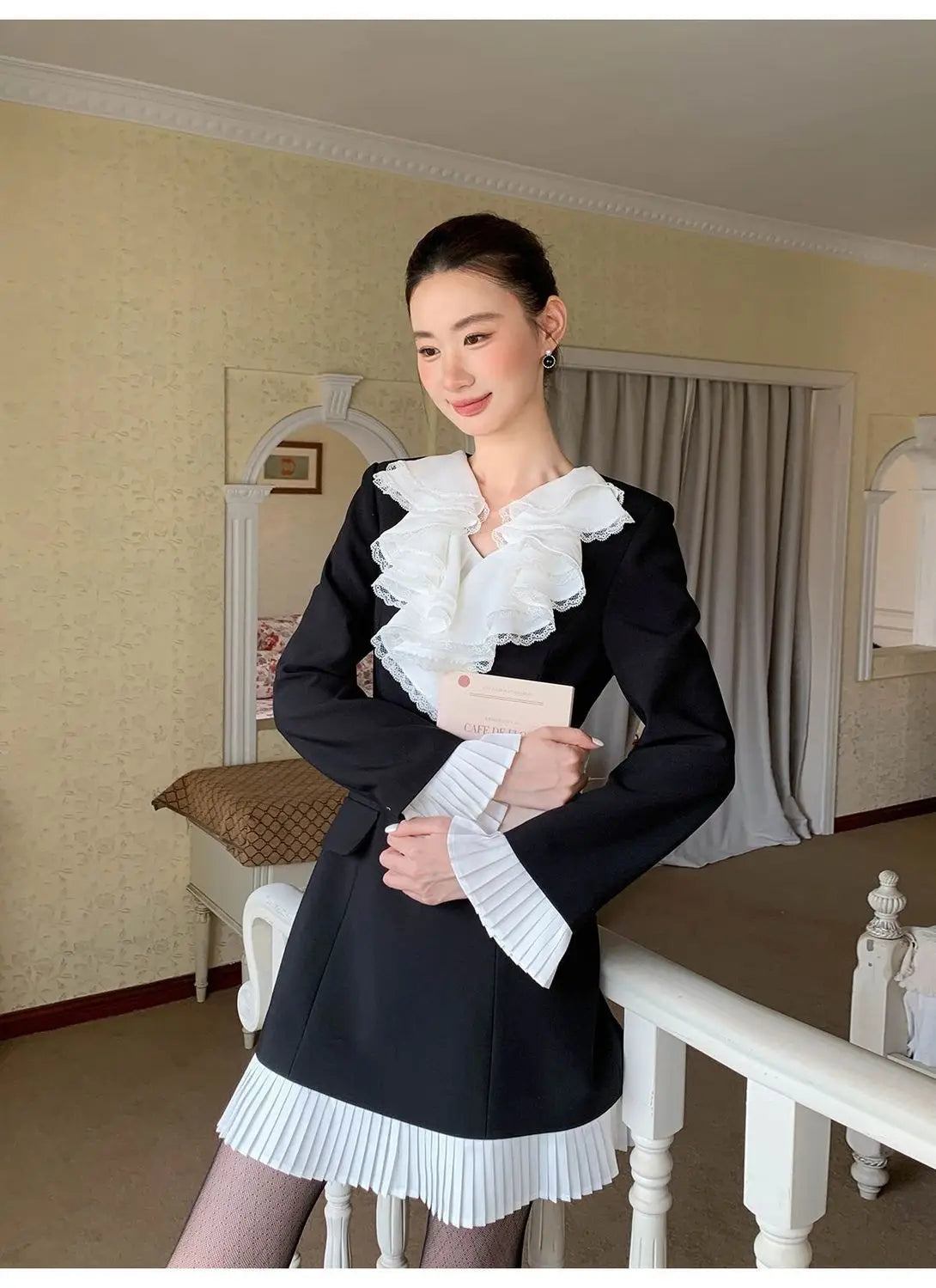 Cascading Ruffle Leaf Edge Collar Midi Dress for Women