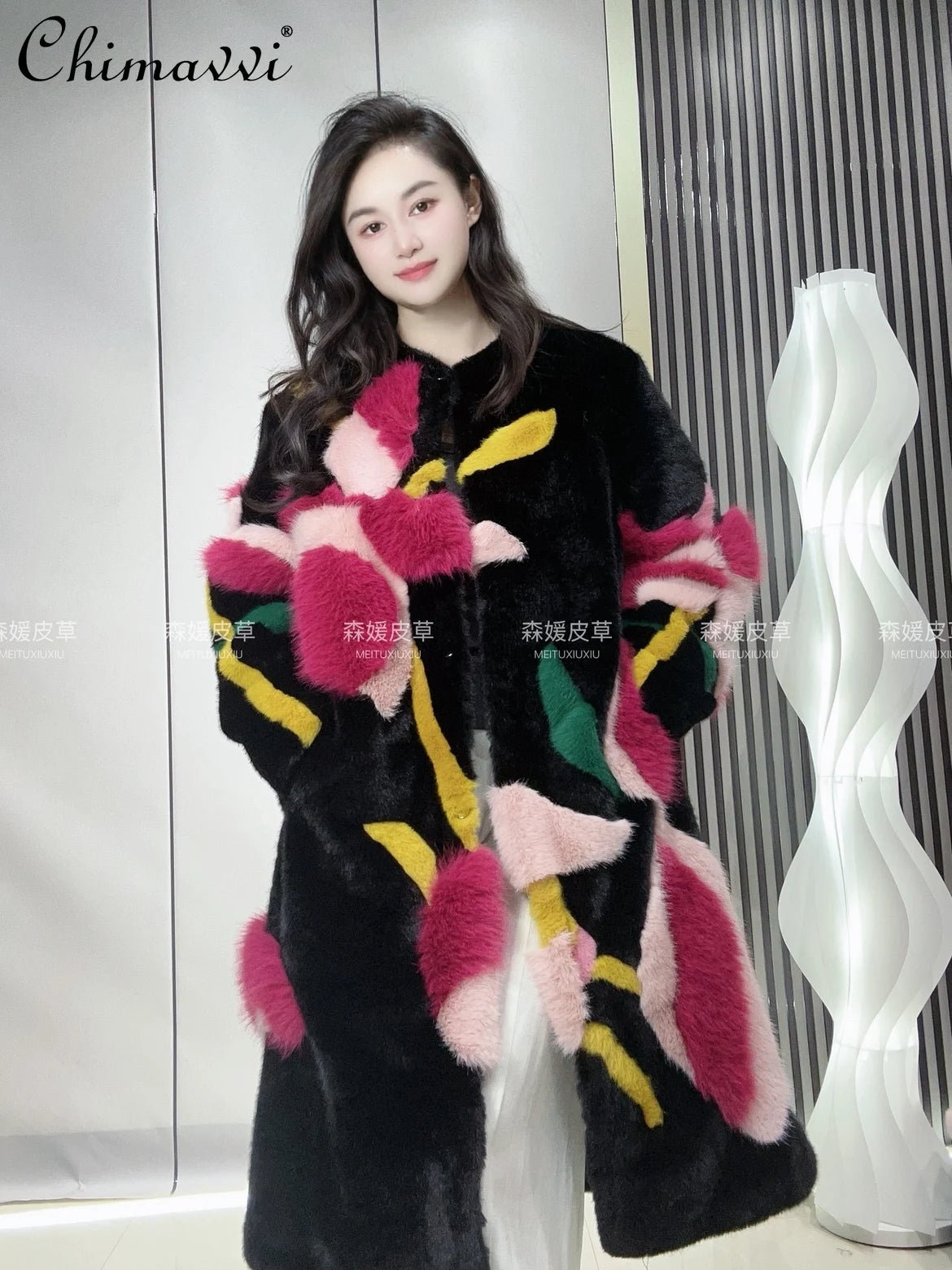 Women's Winter New Heavy Fashion Thickened Warm Light Luxury Round Neck Colorful 3D Patchwork Long Fur Elegant Women's Fur Coat