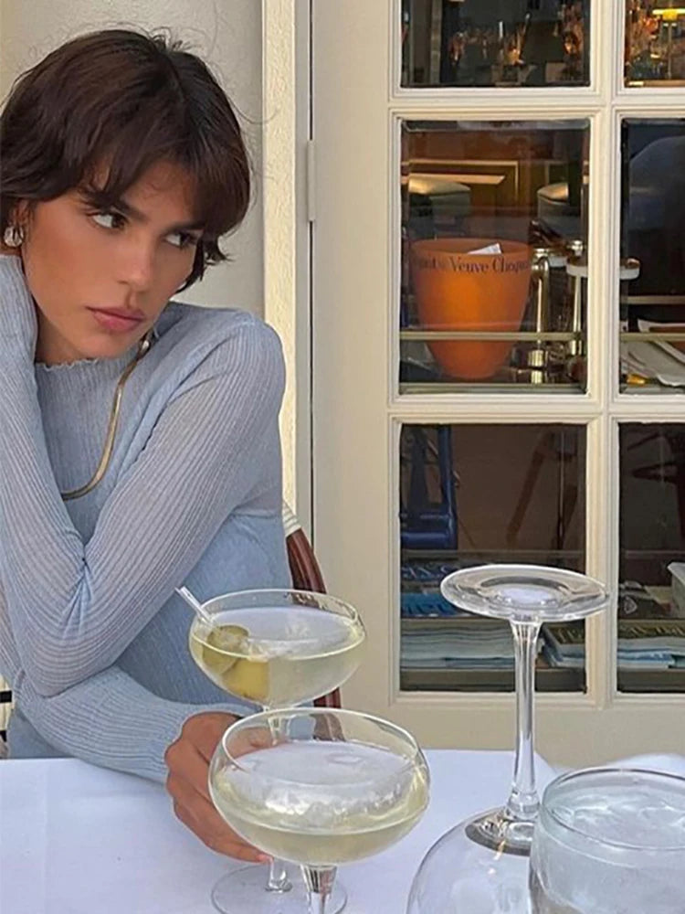 Cryptographic 2025 Fall Elegant See Through Long Sleeve Mock Neck Women Tops Fashion Streetwear Sexy T-Shirts Tees Slim Clothes