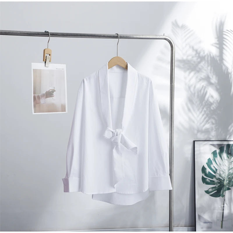 Elegant Bow Detail Pleated Long Sleeve V Neck Blouse for Women