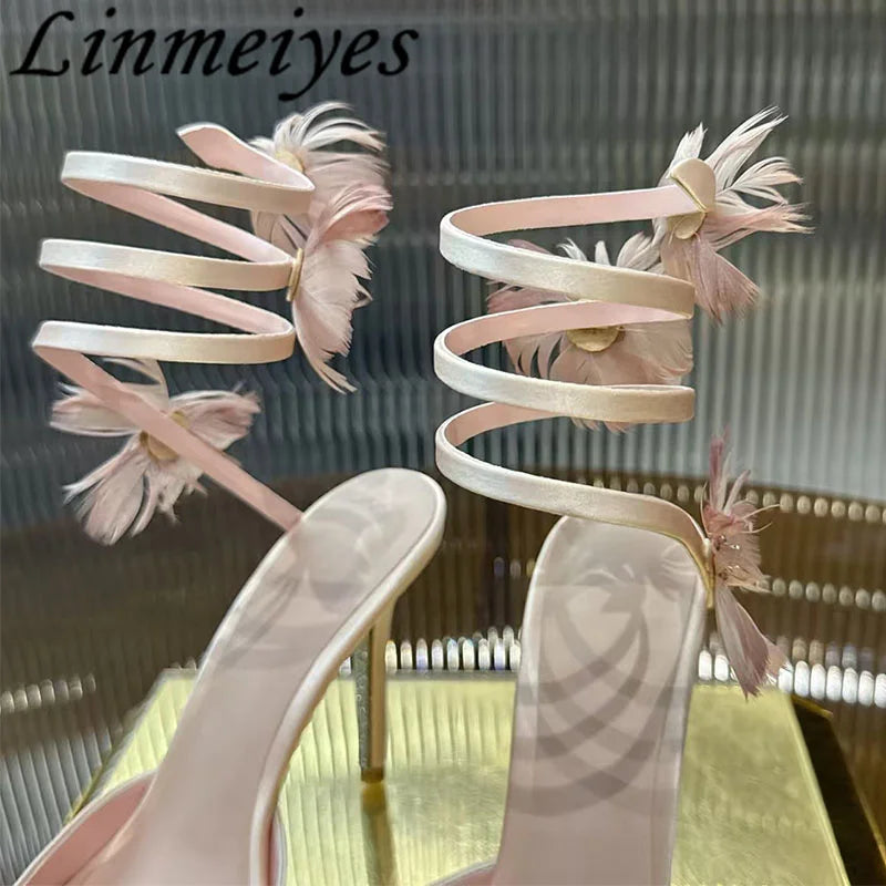 Rhinestone Feather Flower Embellished Ankle Strap High Heel Sandals for Women