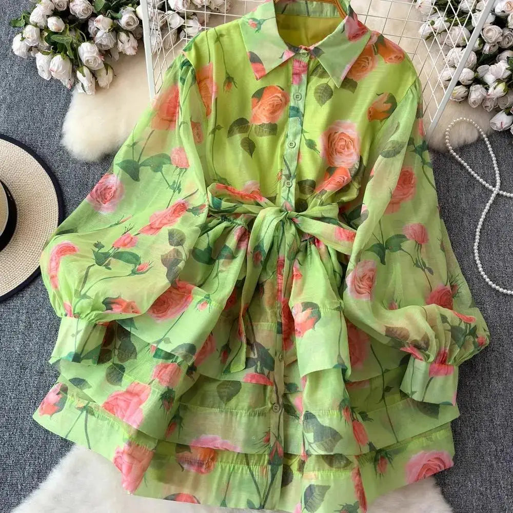 Women Lantern Sleeve Floral Print Lace Up Belt Summer Ball Gown Cute Dress Holiday Gorgeous Flower Ruffles Layer Cake Mini Dress