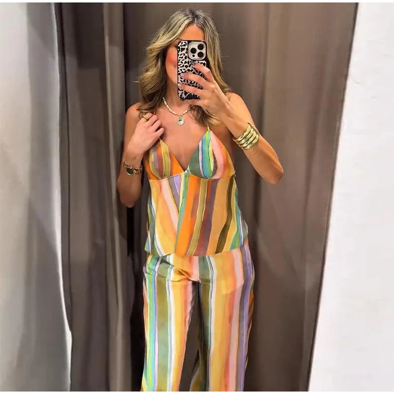Cotton Striped High Waist Two Piece Summer Set For Women