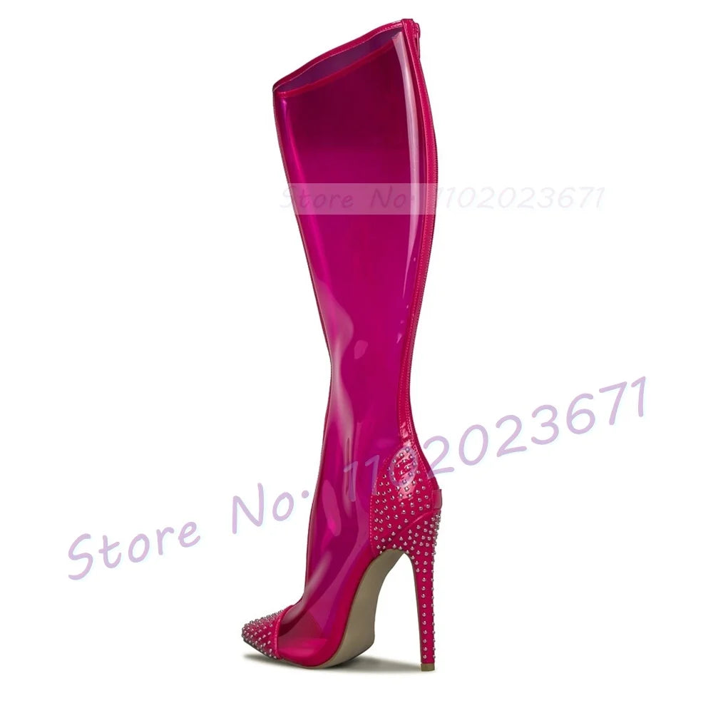 Pink Pvc Pointy Knee High Boots Female Sewing Crystal Patchwork Toe High Heels Shoes Women Punk Spring Party Long Side-zip Boots