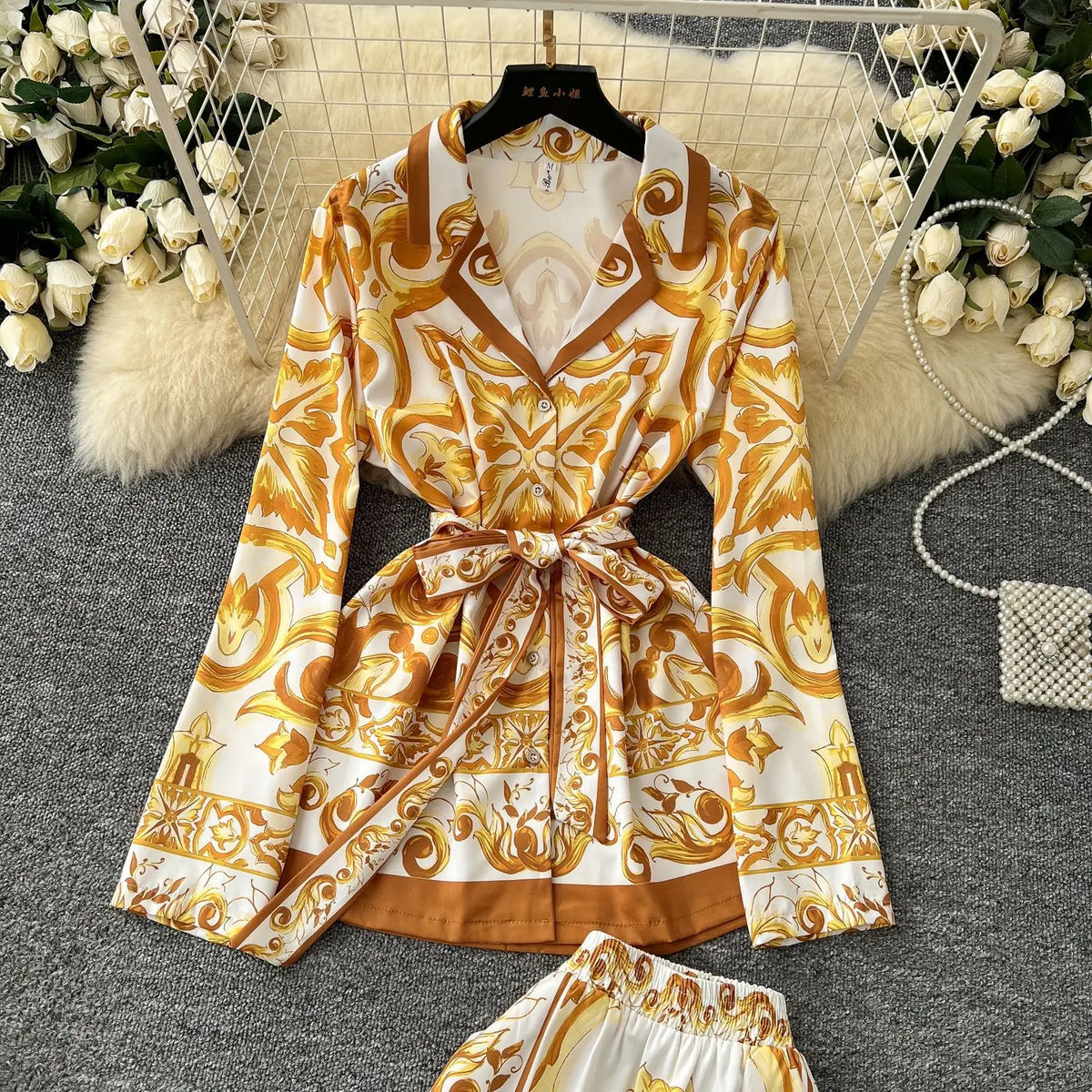 Casual Turn Down Collar Two Piece Pants Set for Women