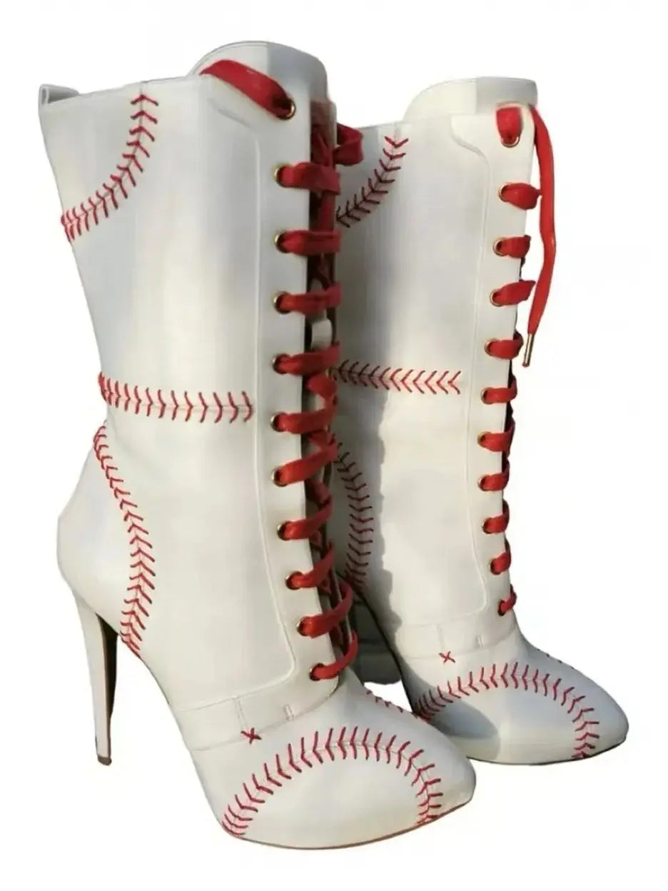 White Red Baseball Lace Stiletto Boots