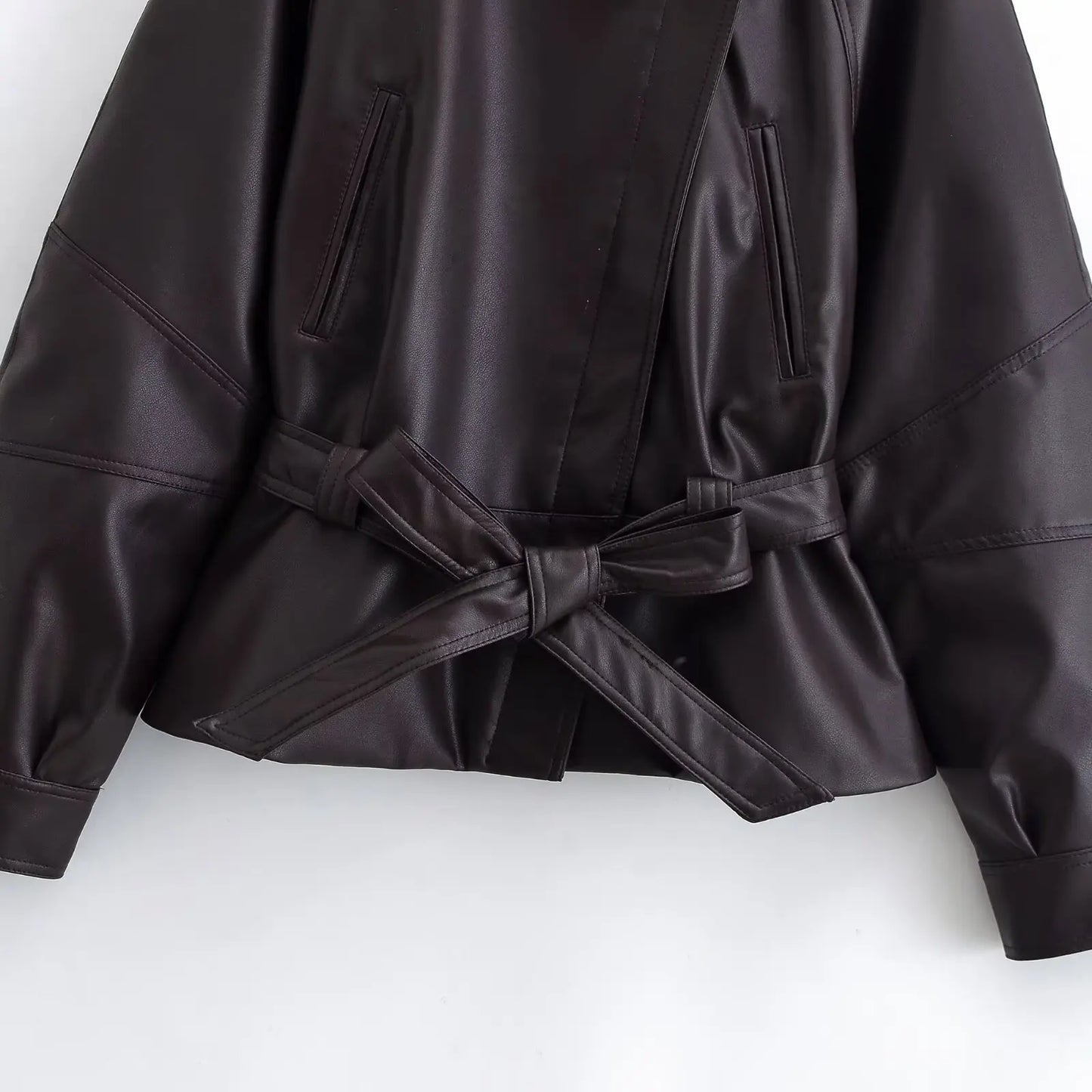 Vintage Black Belted Faux Leather Jacket for Women