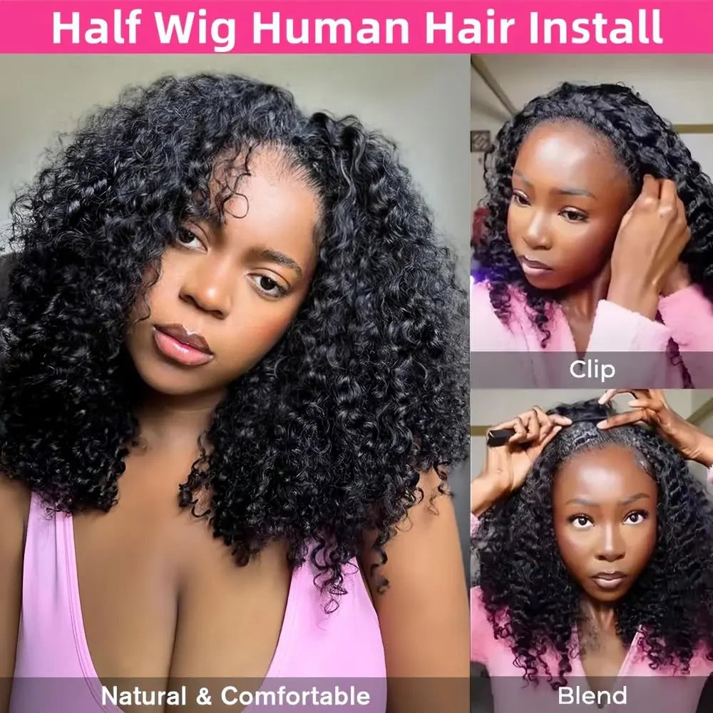 Long Remy Kinky Curly Human Hair Half Wig for Women
