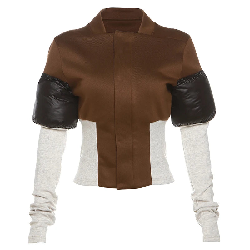 Casual Patchwork Zip Up Long Sleeve Jacket for Women