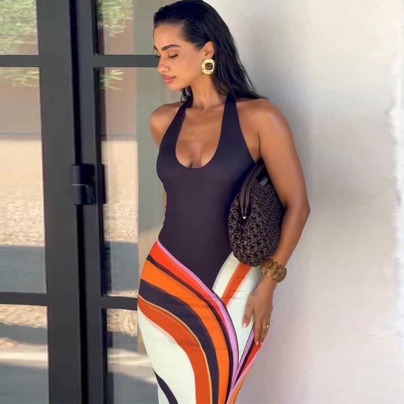 Color Block Sleeveless Backless Square Neck Maxi Dress For Women
