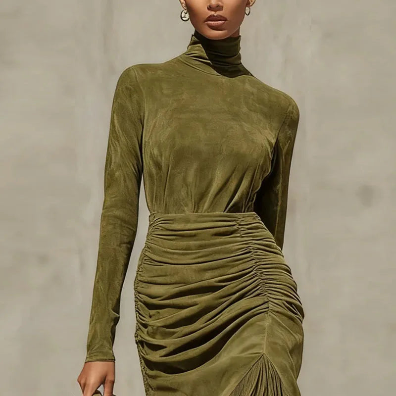 Retro Solid High Waist Tassels Pleated Dress Woman Elegant Turtleneck Irregular Party Dresses Autumn Long Sleeve Slim Sexy Dress