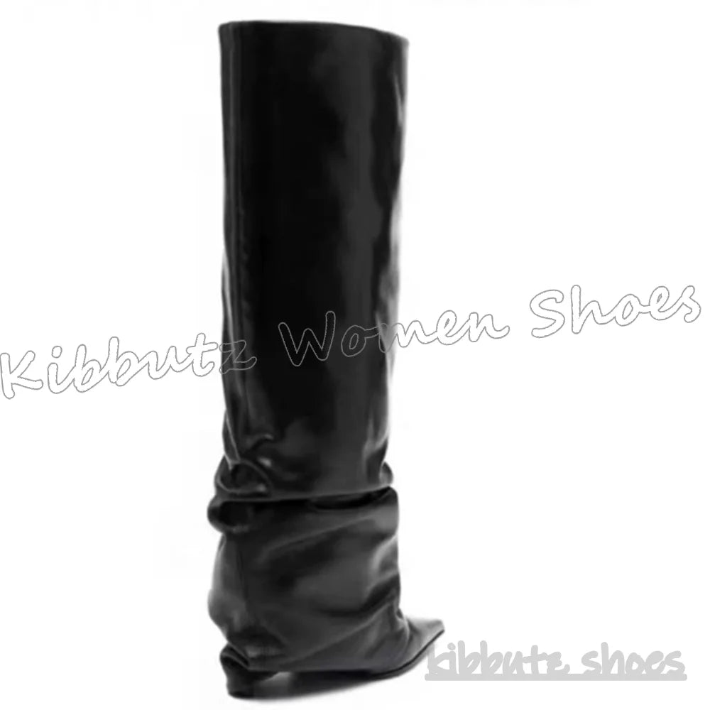 Knee High Boots Turned Over Edge Leather Solid Color Pointy Slip-On Novelty Fashion Elegant Luxury Comfortable Spicy Girls Shoes