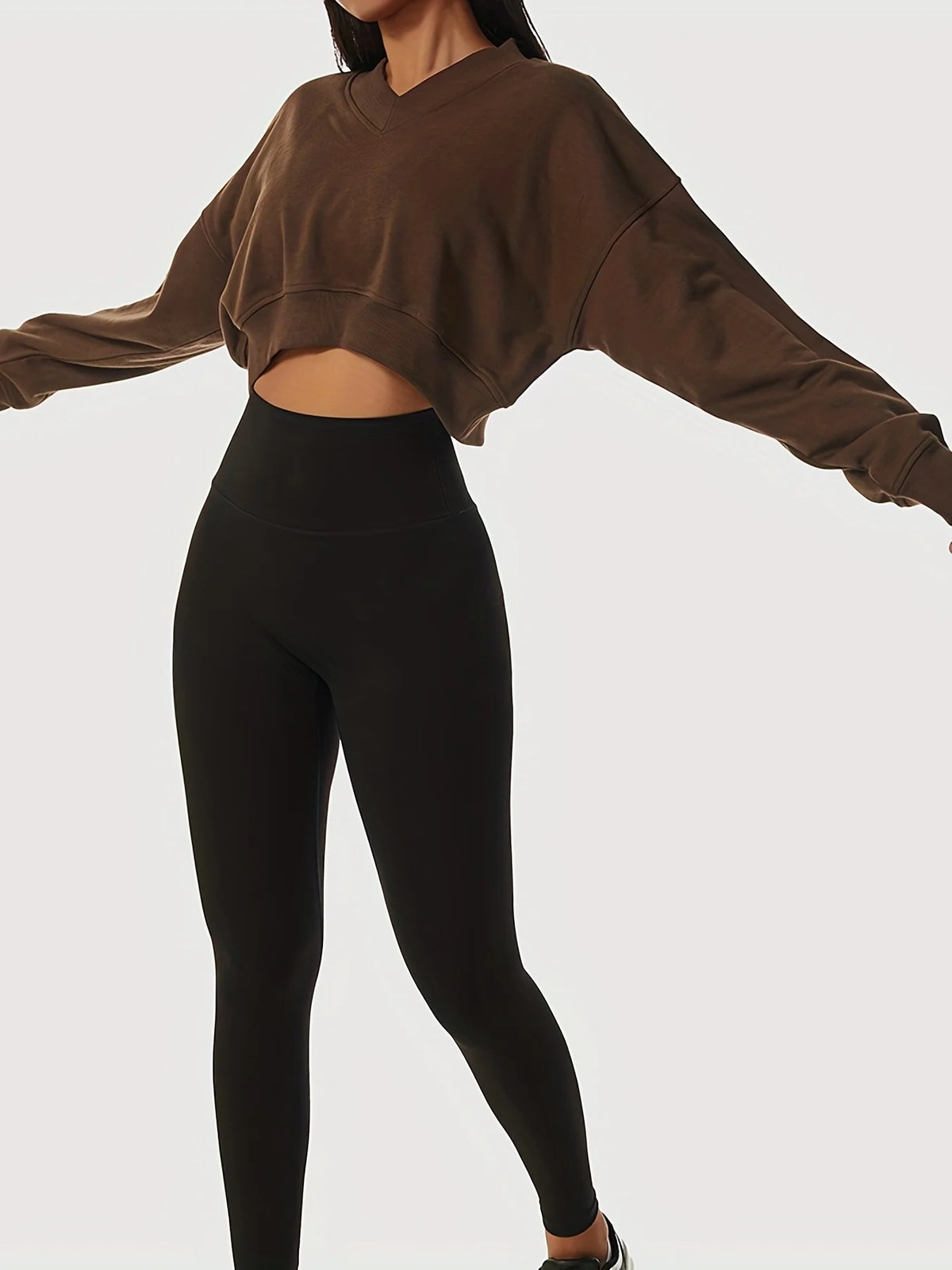 Casual Cropped V Neck Long Sleeve Sweatshirt for Women