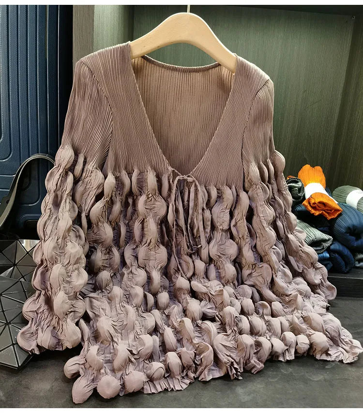Elegant Lace Up Pleated Long Sleeve Coat for Women