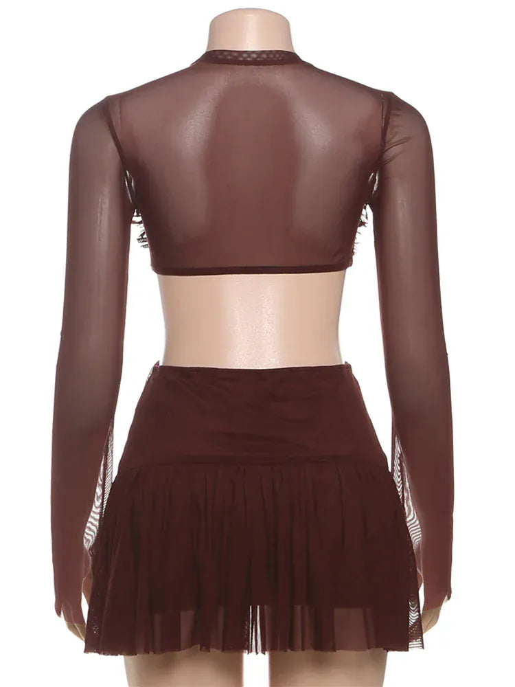 Weird Puss Waistless Pleated Hem Dress Women See Through Sexy Midnight Full Sleeve Coquette Clubwear Party Rave Mini Bodycon