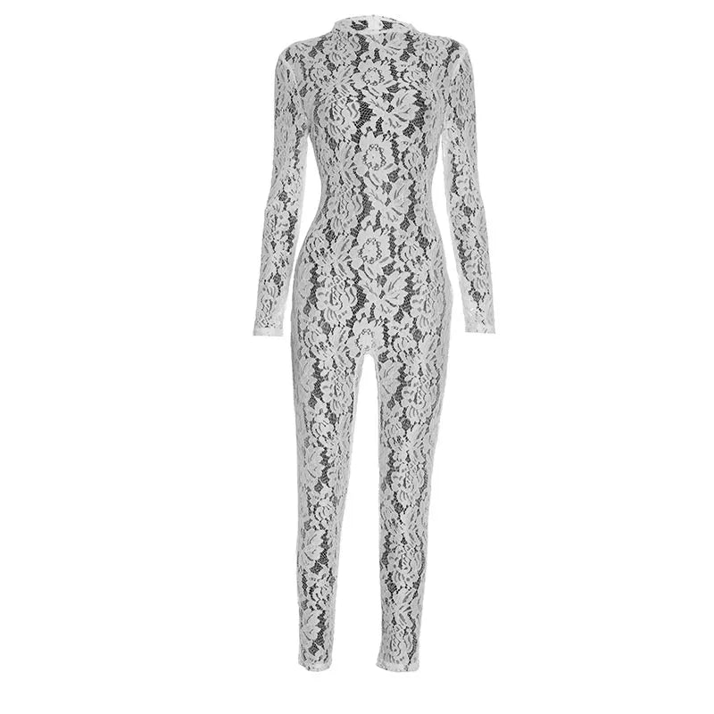 Elegant Sheer Lace Long Sleeve Skinny Jumpsuit for Women