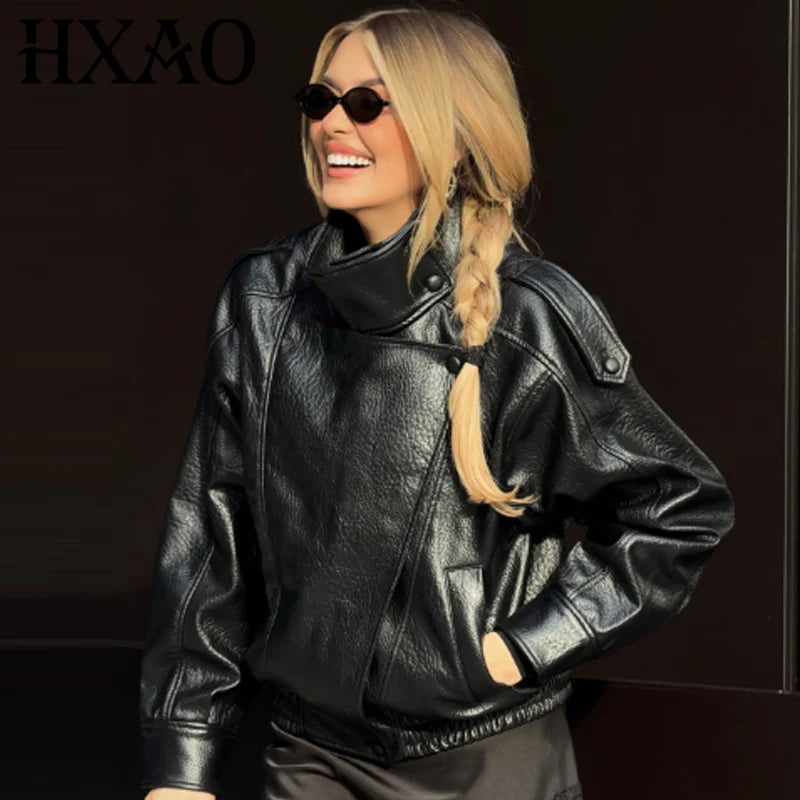 Cropped Oversized Black Leather Bomber Jacket for Women