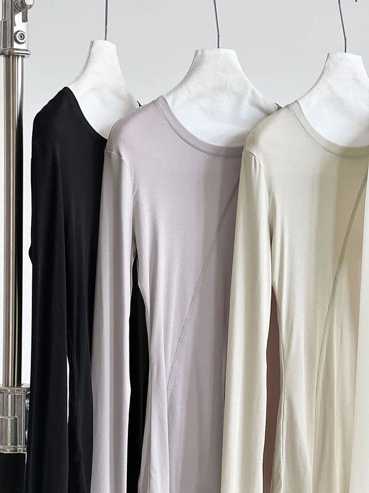 [EAM] Women Gray Thin Perspective Slim Irregular T-shirt New Round Neck Long Sleeve Fashion Tide Spring Autumn 2025 1DH9981