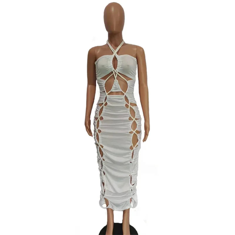 Solid Lace Up Caged Halter Backless Zipper Ruched Midi Dress for Women