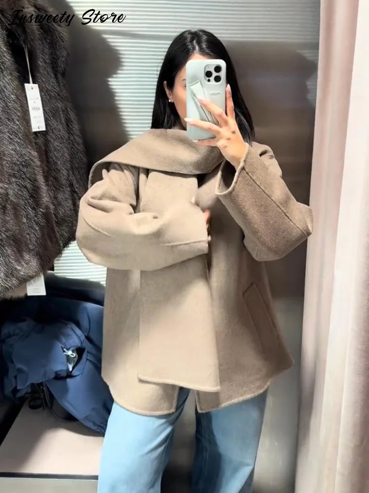 Classic Long Trench Coat With Detachable Scarf for Women