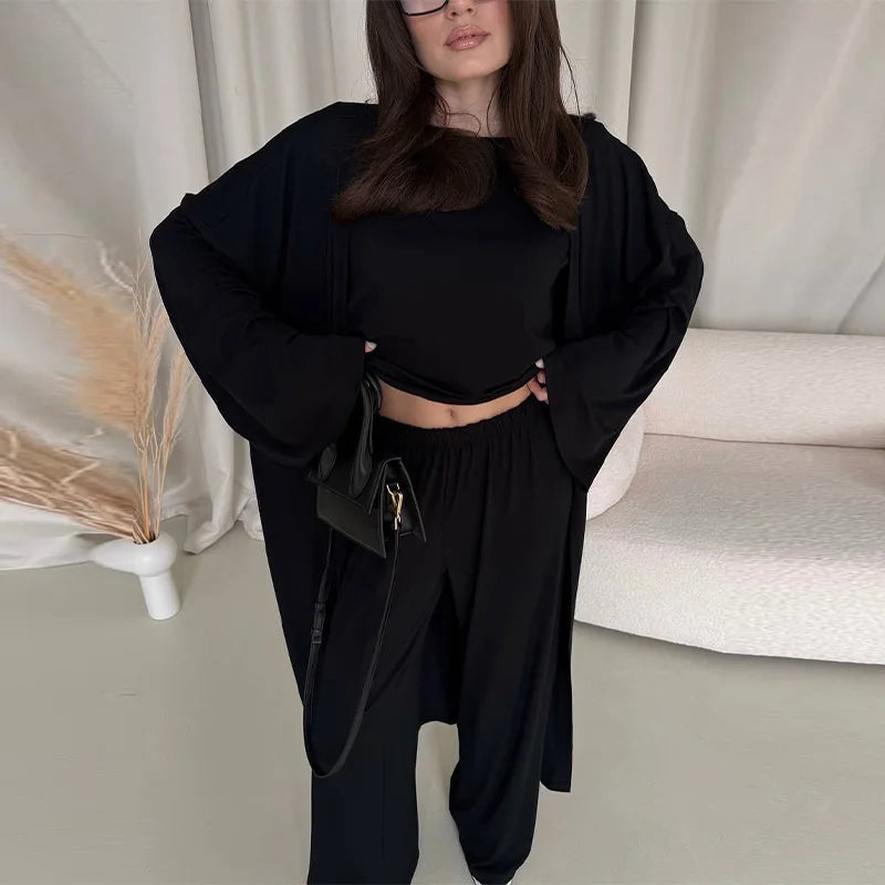 Casual Three Piece Shirt, Coat And Wide Leg Pants Set for Women