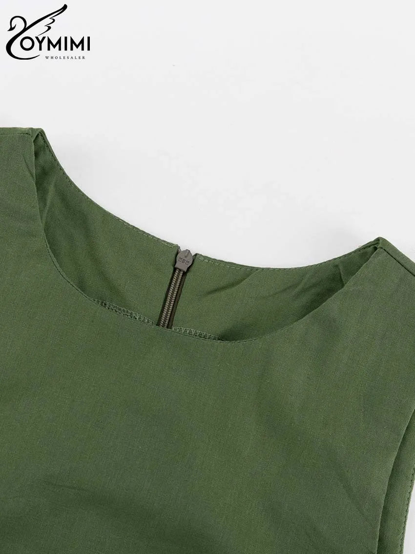 Oymimi Elegant Green Cotton Women's Dress Fashion O-Neck Sleeveless Dresses Casual New High Waist A-Line Mid-Calf Dresses Female