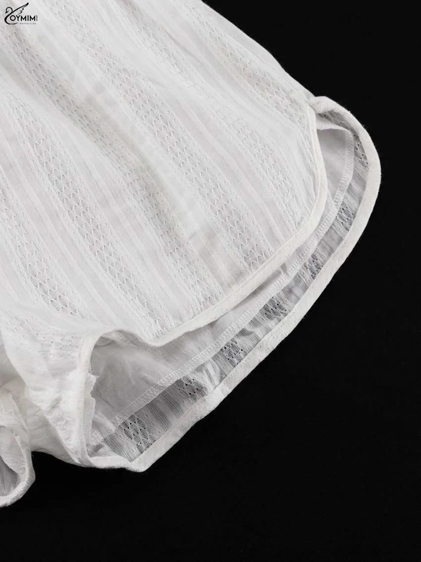 Oymimi Fashion White Cotton Women's Two Pieces Set Elegant Puff Sleeve Loose Lace-Up Shirts And High Waisted Shorts Female Sets