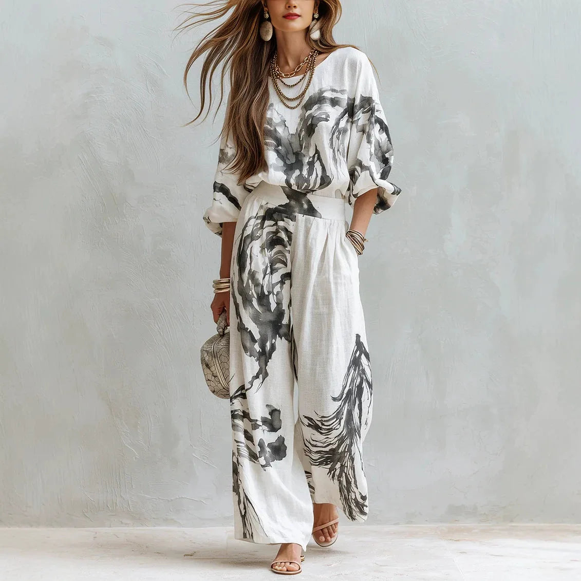 Casual Retro Printed Two Piece Pants Set for Women