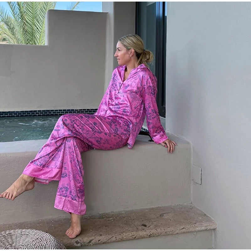 Casual Print Blouse and Wide Leg Pants Set for Women