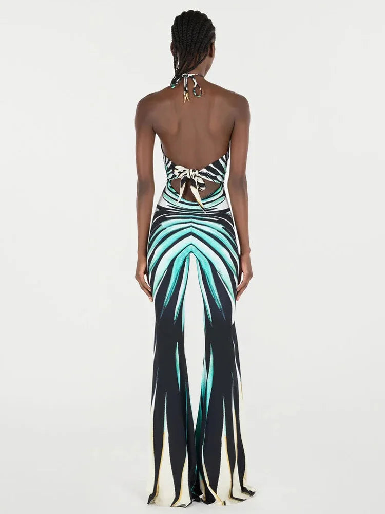Striped Halter Neck Slim Fit Flare Leg Jumpsuit for Women