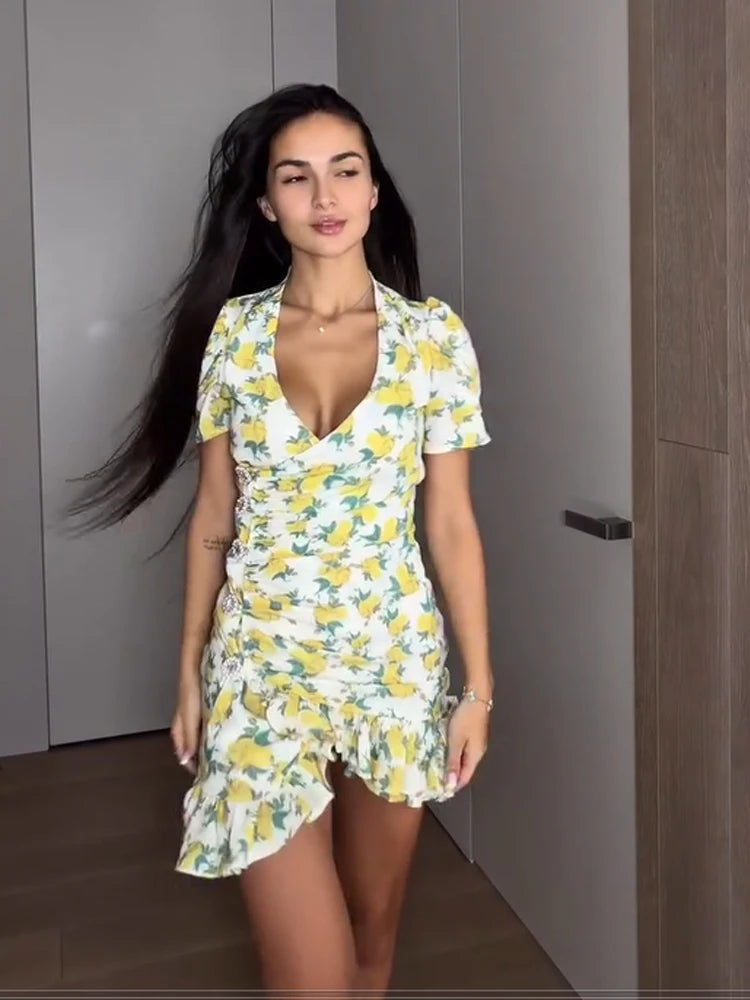Floral Printed Ruffle Mini Dress with Deep V Neck for Women