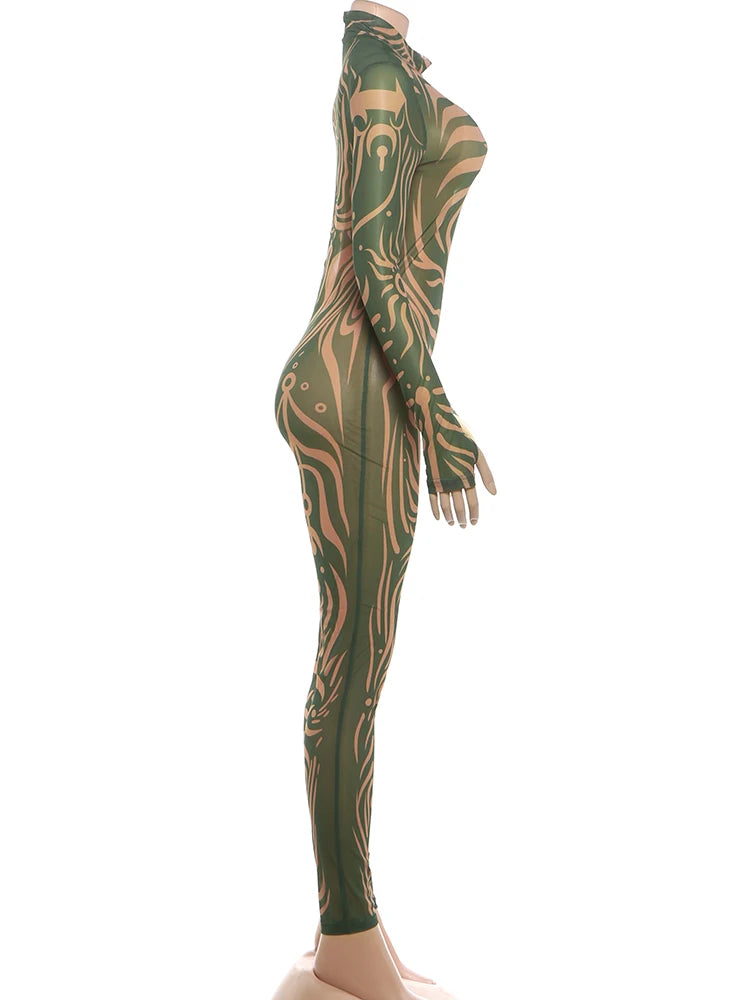 Striped Stretch Turtleneck Long Sleeve Jumpsuit for Women
