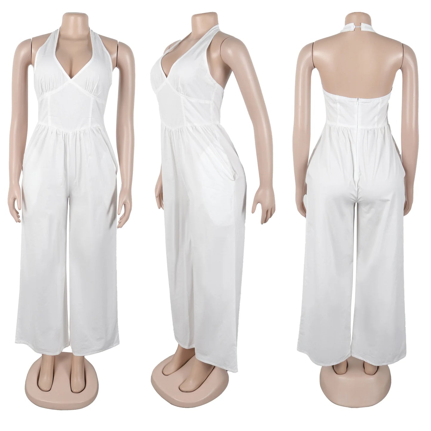 Elegant V-Neck Halter Solid Wide-Leg Jumpsuit for Women