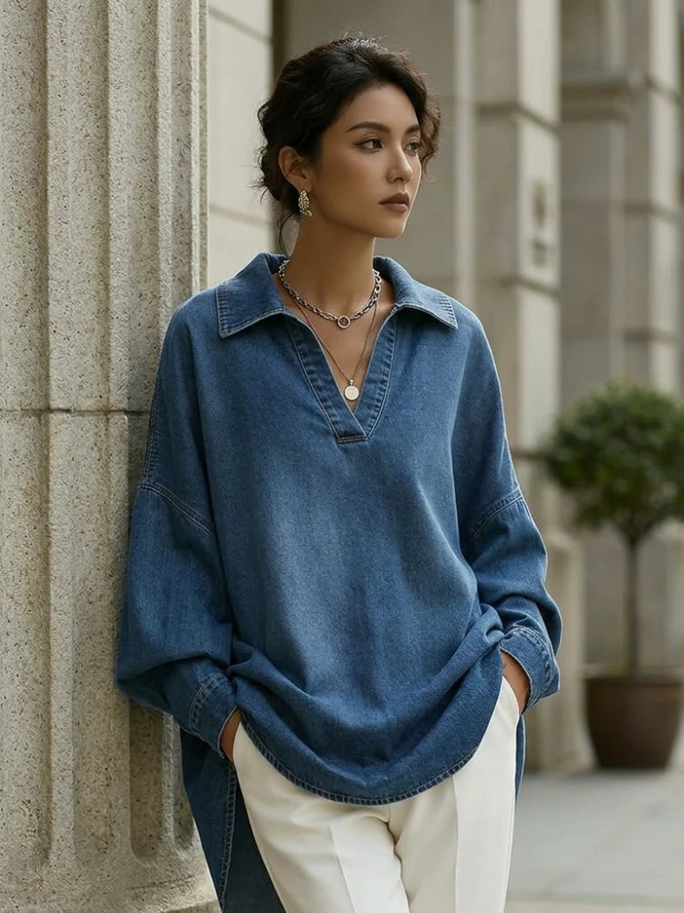 Bonboho Women's Light Blue Washed V-Neck Oversized Denim Shirt 2026 Summer Elegant Casual Blouse for Office & Vacation