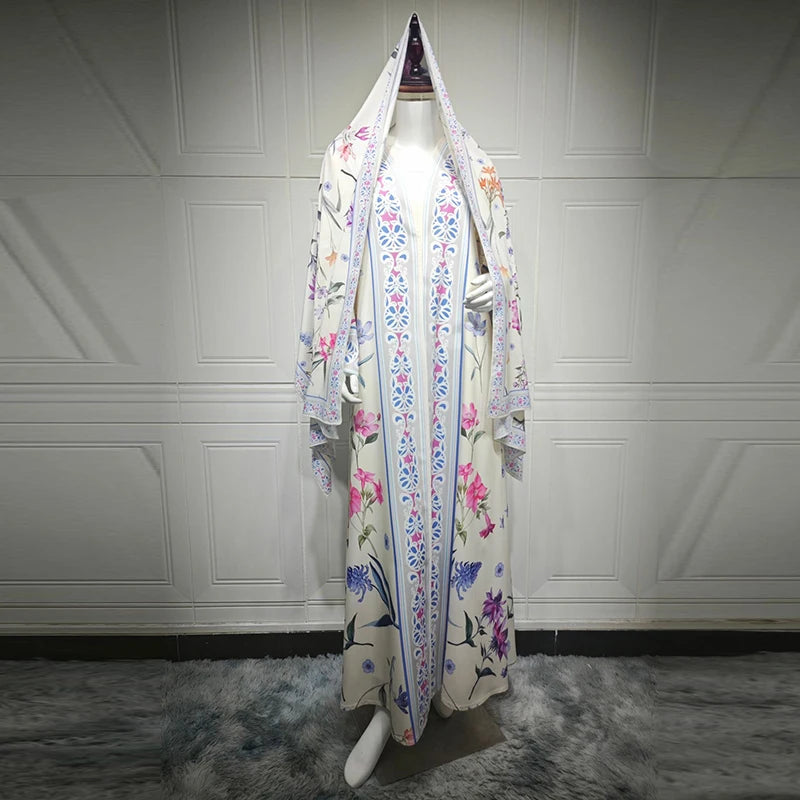 Elegant High Street Swing Vacation Jackets 2025 New Women's V Neck Autumn Coat Floral Print Long Sleeved Loose Muslim Cardigan