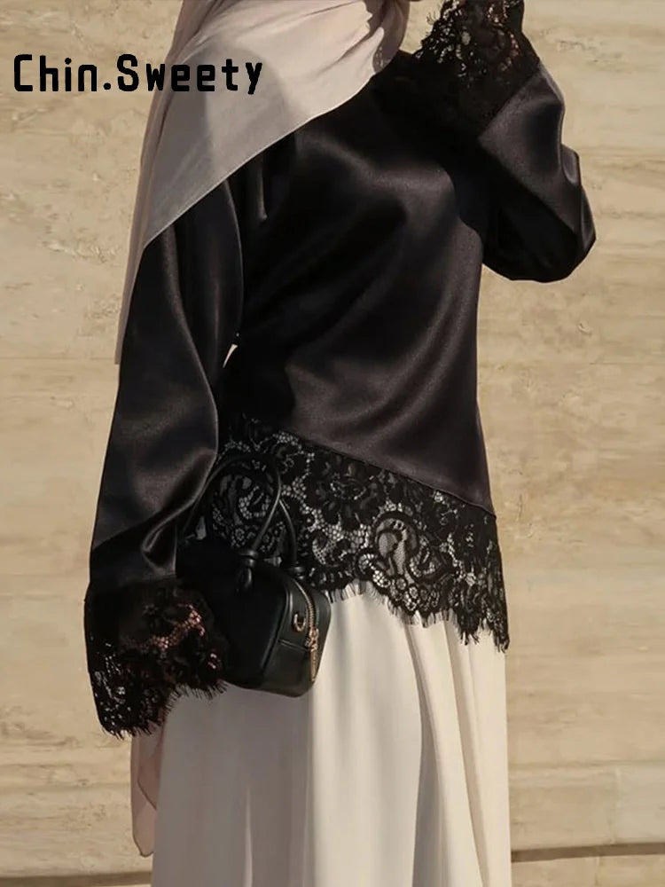 Asymmetric Lace Patchwork Loose Long Sleeve Shirt for Women